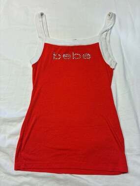 Vintage Bebe Red Ribbed Rhinestone Logo Tank Top Medium